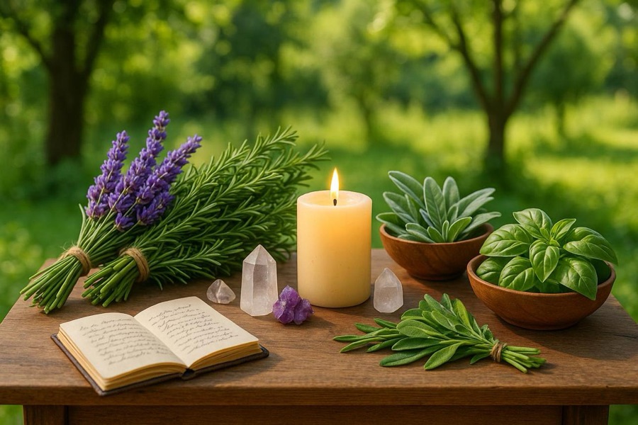 Mesa com vela acesa, lavanda, alecrim, cristais e ervas ao ar livre