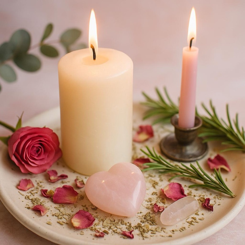 Velas, rosa vermelha, pétalas e quartzo rosa em formato de coração